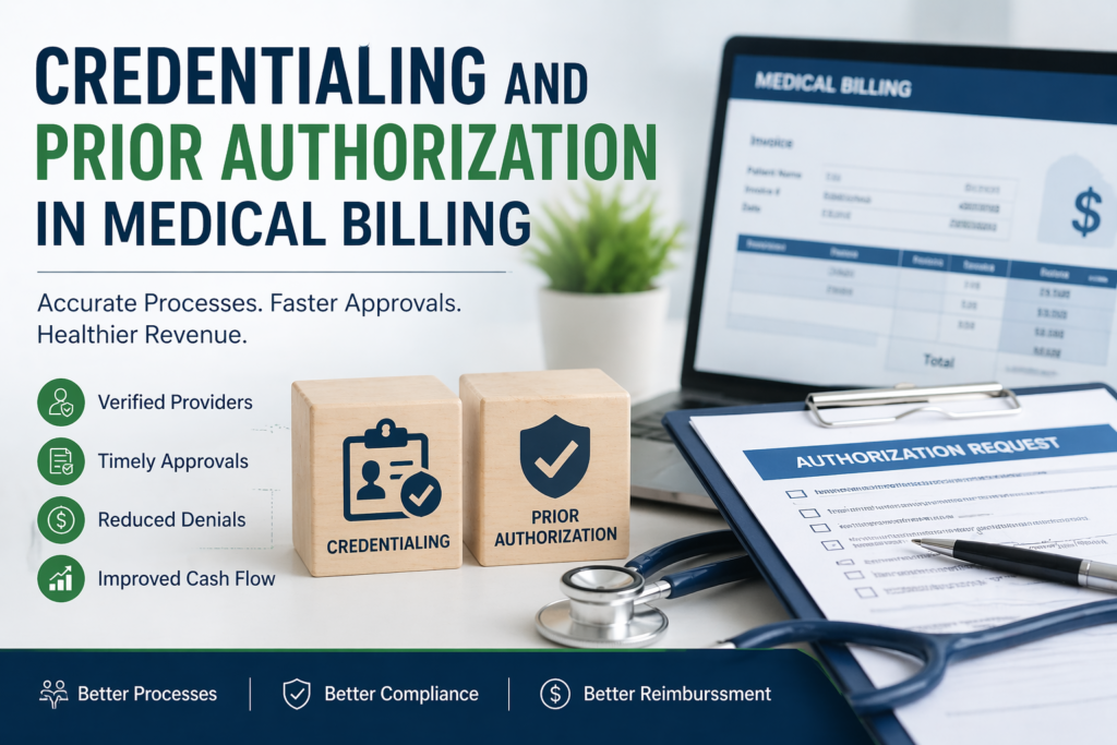 Professional featured image showing credentialing and prior authorization in medical billing with healthcare documents, laptop dashboard, clipboard, and revenue cycle management concept.