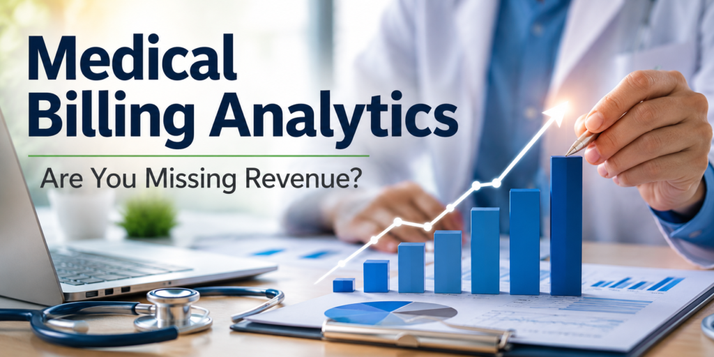 Medical billing analytics dashboard showing healthcare financial data, revenue trends, and performance metrics for medical practice revenue optimization.